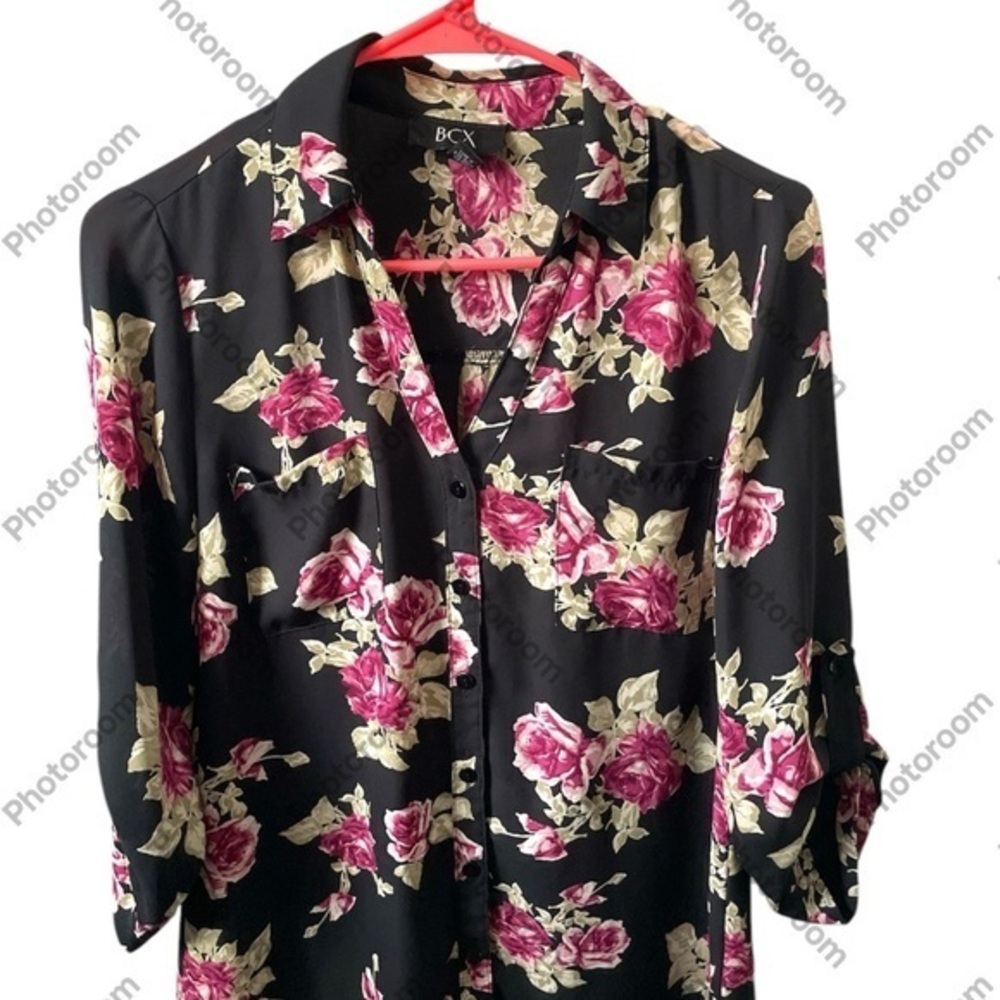 BCX Pink Floral Button Down with v neck.